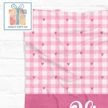 Pink Gingham Heart Baby Blanket - Personalized Name Blanket for Girls - Fleece Blanket - Golly Gift Co