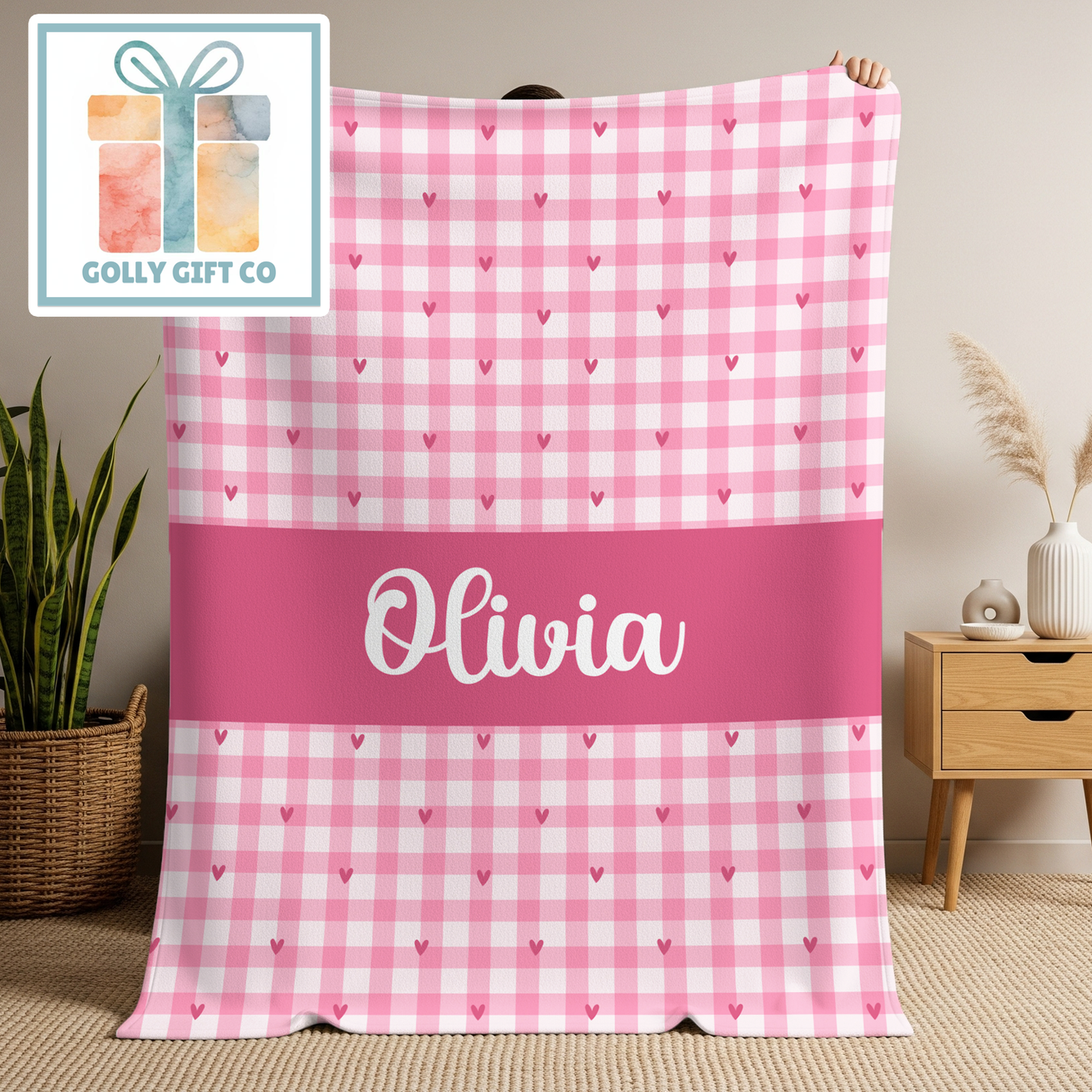 Pink Gingham Heart Baby Blanket - Personalized Name Blanket for Girls - Fleece Blanket - Golly Gift Co