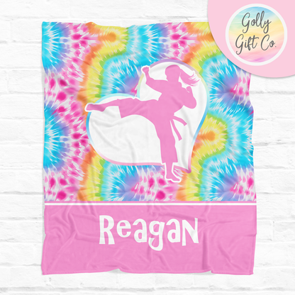 Personalized Bright Tie Dye Martial Arts Bedding - Girl Karate / Martial Arts Themed Fleece or Sherpa Throw Blanket - Golly Gift Co