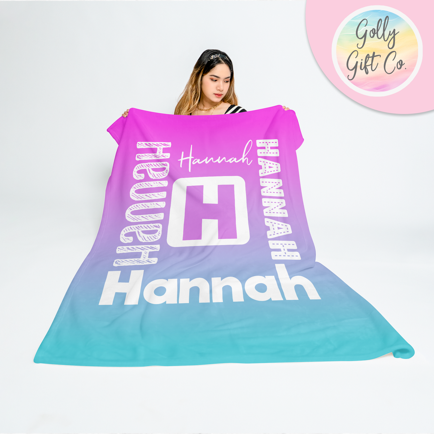 Personalized Name over Gradient Bedding - YOUR NAME and Initial Fleece or Sherpa Throw Blanket - Monogrammed Gift for Her - Golly Gift Co