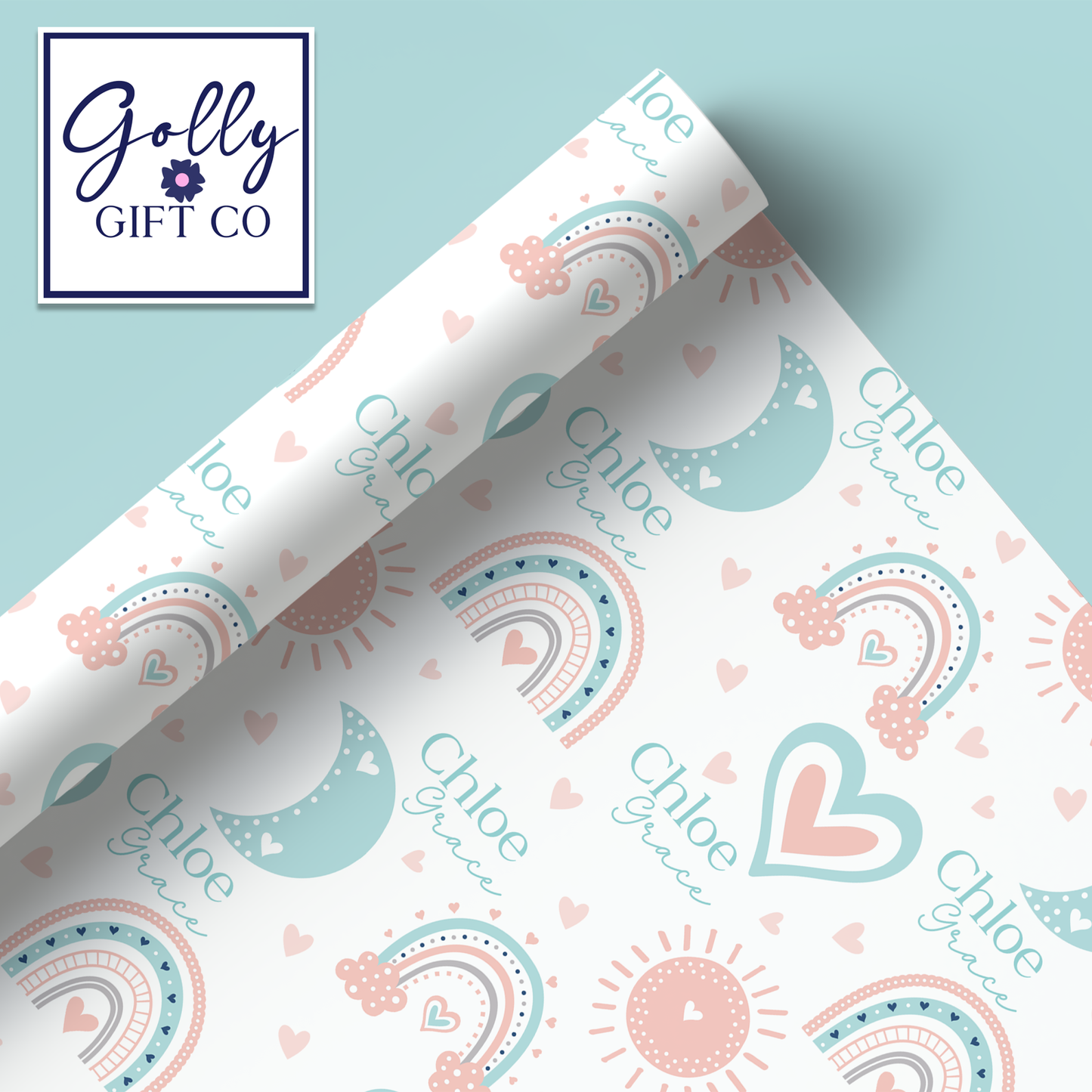 Personalized Rainbow Baby Wrapping Paper - Your Name Baby Birthday or Baby Shower Gift Wrap - Baby's Name and Rainbows Gift Wrap - Pink