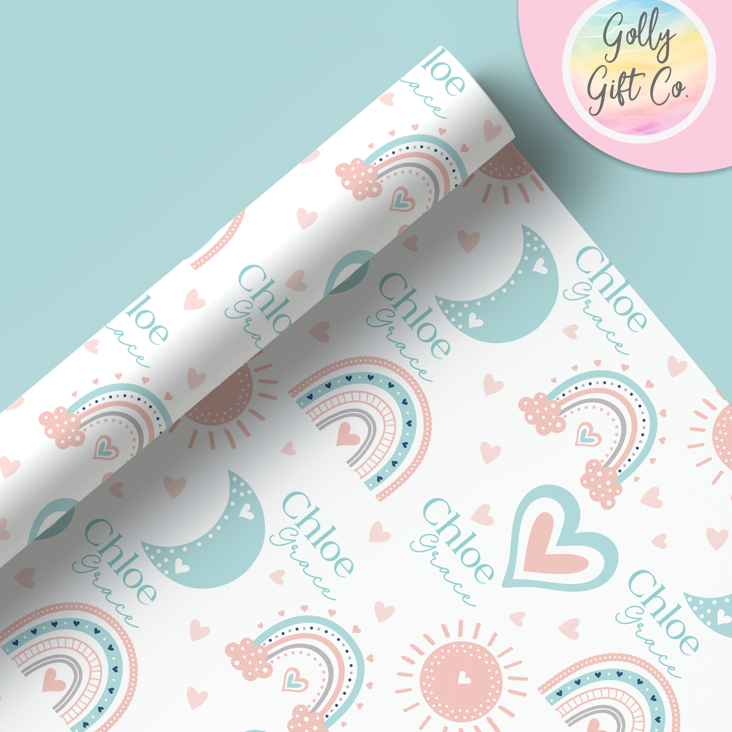 Personalized Rainbow Baby Wrapping Paper - Your Name Baby Birthday or Baby Shower Gift Wrap - Baby's Name and Rainbows Gift Wrap - Pink