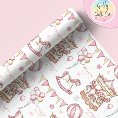 Personalized Pink Carousel Wrapping Paper - Your Name Baby Birthday or Baby Shower Gift Wrap - Baby's Name on Pink Carousel Gift Wrap