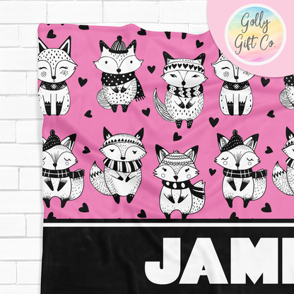 Personalized Doodle Fox Fleece Blanket / Gift for People Who Love Foxes / Customized Novelty Foxes Gift/ Your Name Blanket Fox Bedding