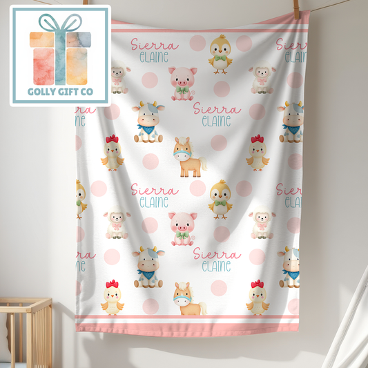 Personalized Baby Blanket with Name - Custom Farm Animal Fleece Blanket for Kids - Nursery Blanket Gift - Pink or Green