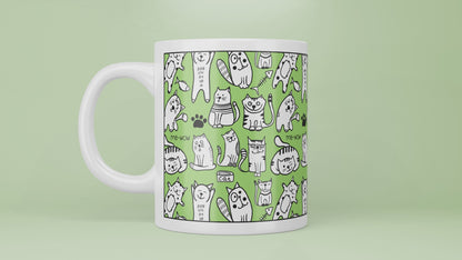 Adorable Doodle Cats Coffee Mug - Gift Mug for Cat Lovers - Black and White Doodle Kittens on a White Coffee Mug