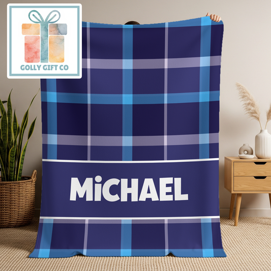 Personalized Navy Blue Plaid Blanket - Custom Name Boys Fleece Blanket