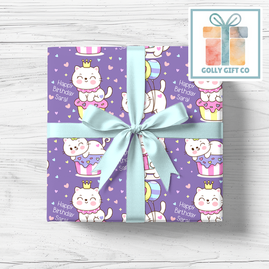 Personalized Kawaii Cat Happy Birthday Wrapping Paper - Customized Cute Kawaii Kitty Gift Wrap with Name On It - Golly Gift Co