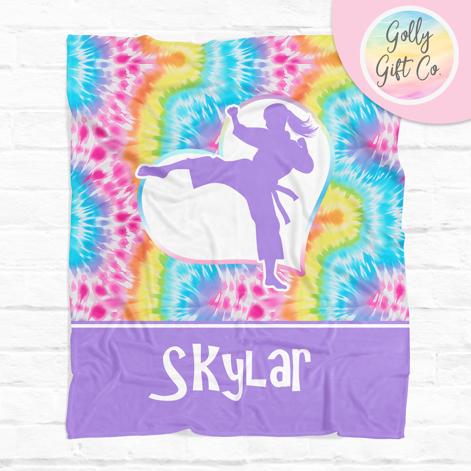 Personalized Bright Tie Dye Martial Arts Bedding - Girl Karate / Martial Arts Themed Fleece or Sherpa Throw Blanket - Golly Gift Co