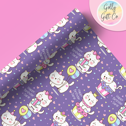 Personalized Kawaii Cat Happy Birthday Wrapping Paper - Customized Cute Kawaii Kitty Gift Wrap with Name On It