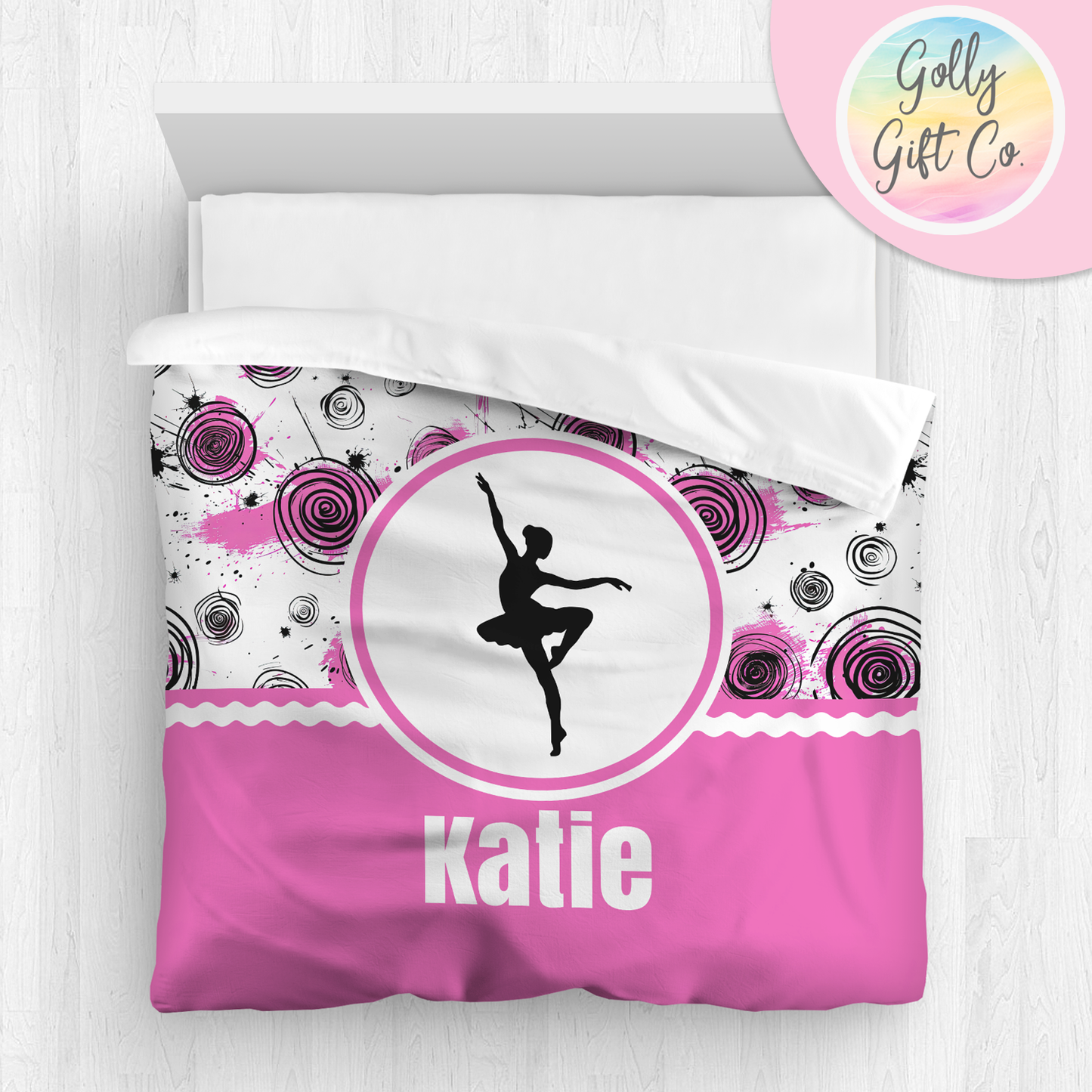 Personalized Girl's Dance Bedding - Duvet or Comforter -Inky Circles- Monogrammed Dancer Bed Set for Girls Who Dance - Custom Bedding - Golly Gift Co