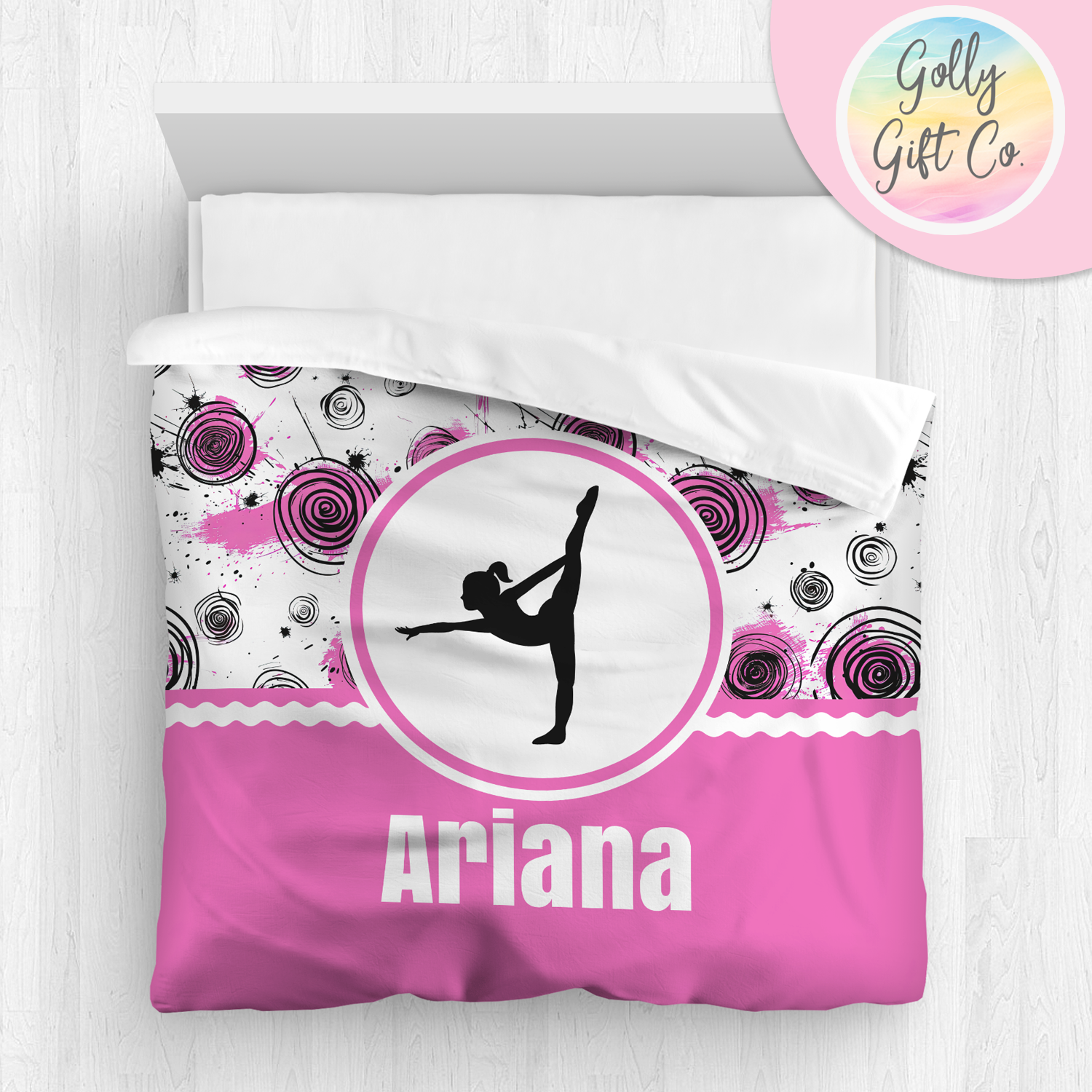 Personalized Girl's Gymnastics Bedding - Duvet or Comforter -Inky Circles- Matching Shams and/or Pillow Optional - Golly Gift Co