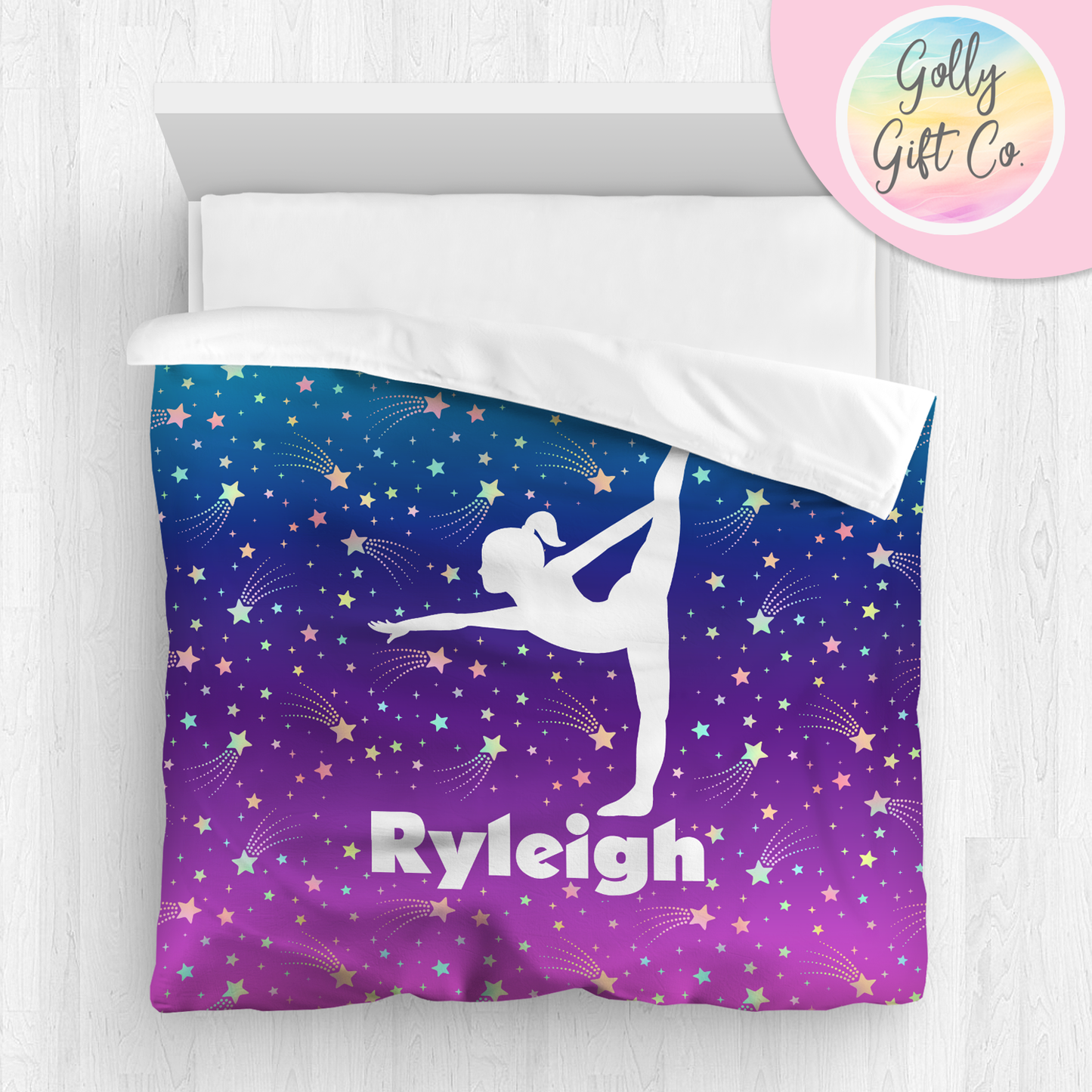 Personalized Girl's Gymnastics Bedding / Gymnastics Bed Set / Among the Stars Gymnastics Duvet or Comforter Throw Pillow Sham / Customized - Golly Gift Co