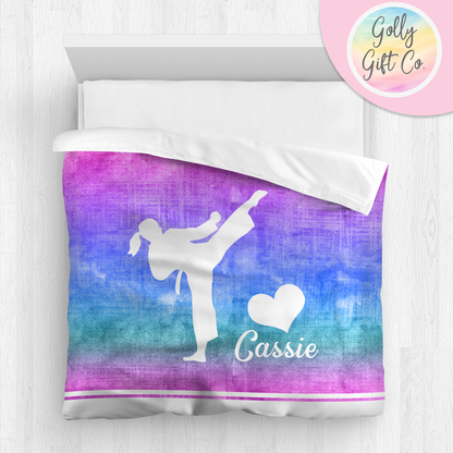 Personalized Girl's Martial Arts / Karate Bedding / Customized Martial Arts Duvet or Comforter Throw Pillow Sham / Purple Gradient / Bed Set