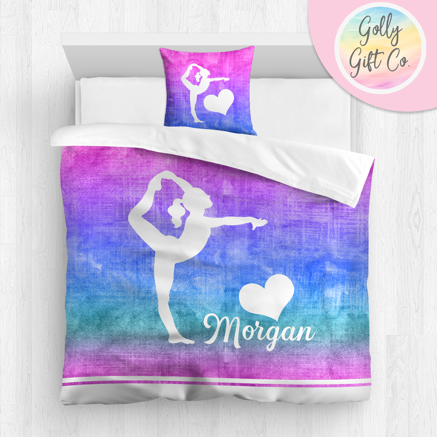 Personalized Girl's Gymnastics Bedding / Gymnastics Duvet / Gymnastics Comforter / Purple Gradient / Customized Gymnastics Bed Set / Pillow - Golly Gift Co