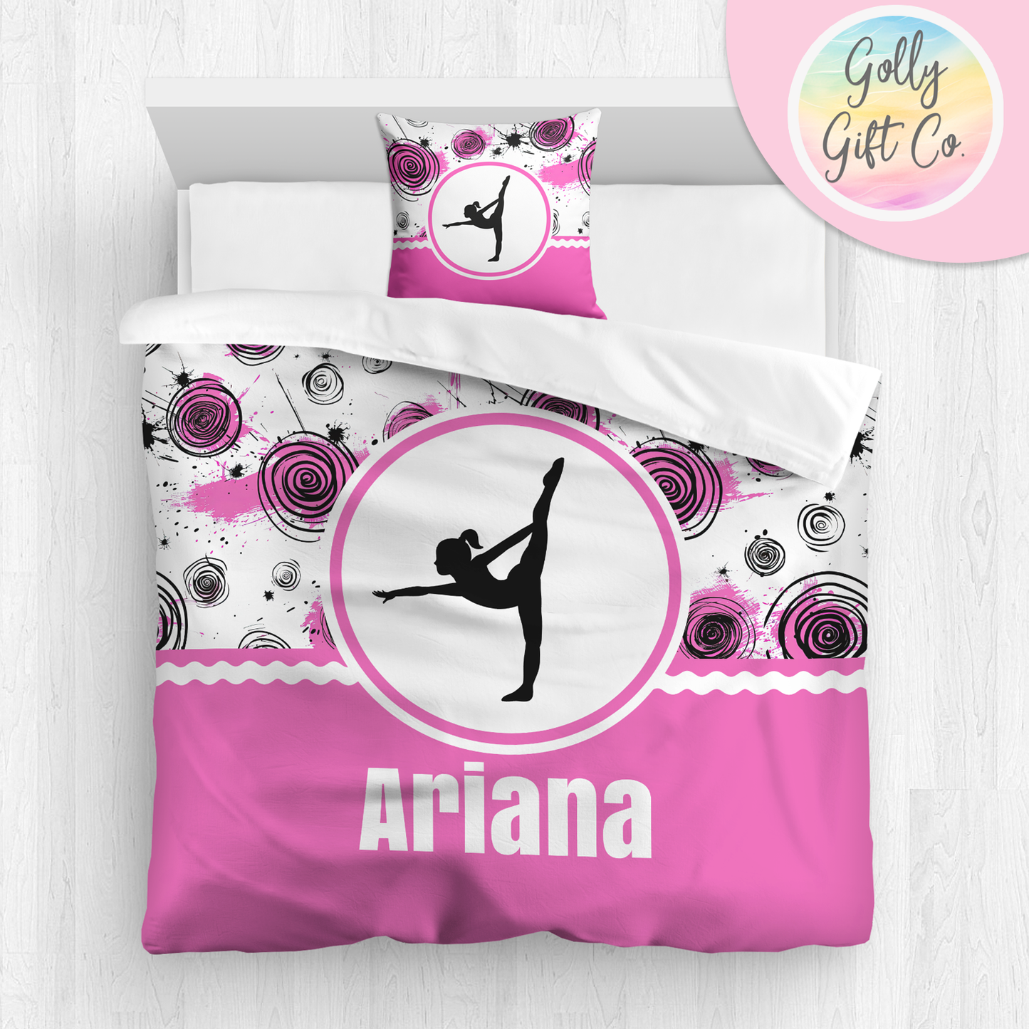 Personalized Girl's Gymnastics Bedding - Duvet or Comforter -Inky Circles- Matching Shams and/or Pillow Optional - Golly Gift Co