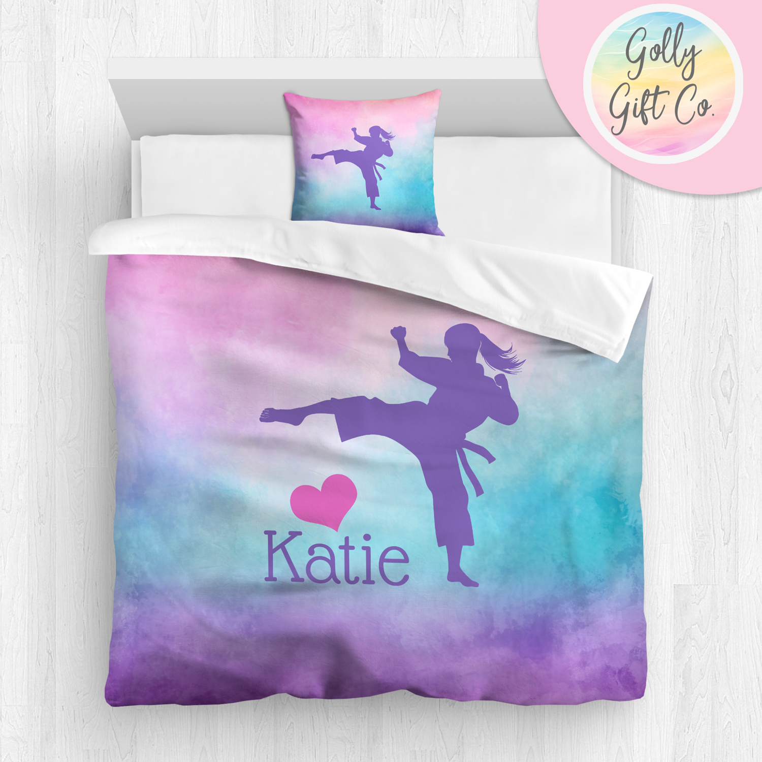 Personalized Girl's Martial Arts / Karate Bedding / Customized Martial Arts Duvet or Comforter Throw Pillow Sham / On a Cloud / Bed Set - Golly Gift Co