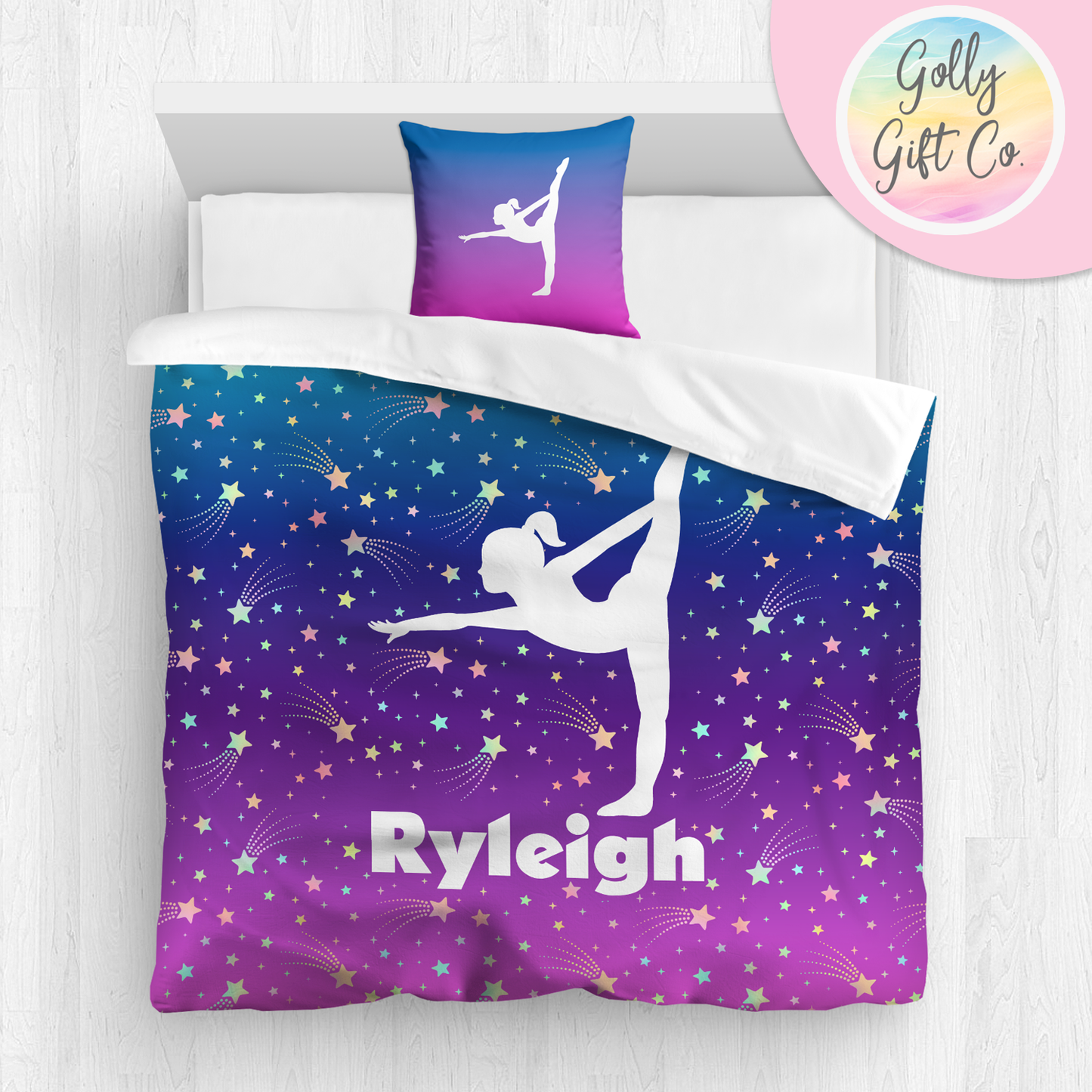 Personalized Girl's Gymnastics Bedding / Gymnastics Bed Set / Among the Stars Gymnastics Duvet or Comforter Throw Pillow Sham / Customized - Golly Gift Co