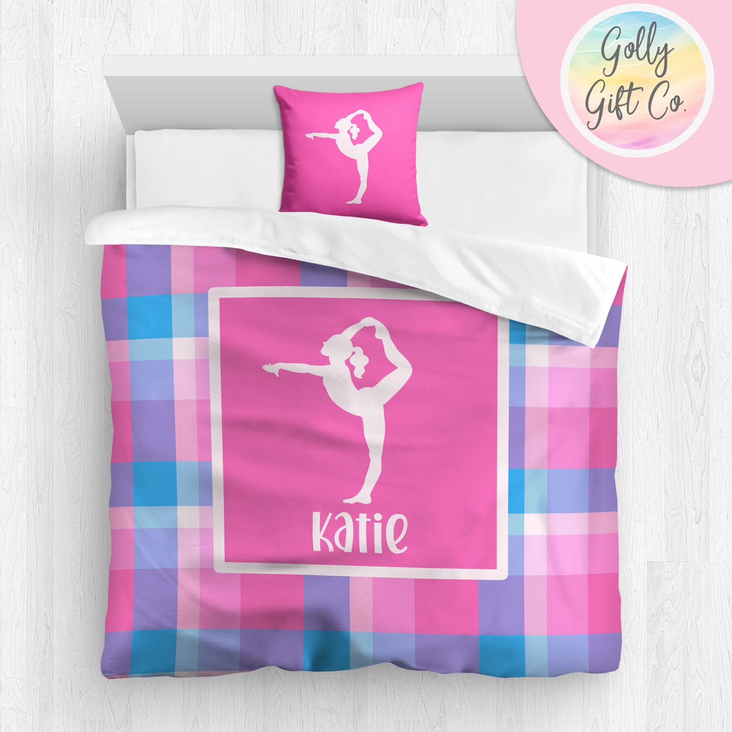 Personalized Girl's Gymnastics Bedding / Gymnastics Duvet / Gymnastics Comforter / Pink Passion Plaid / Customized Gymnastics Bed Set - Golly Gift Co