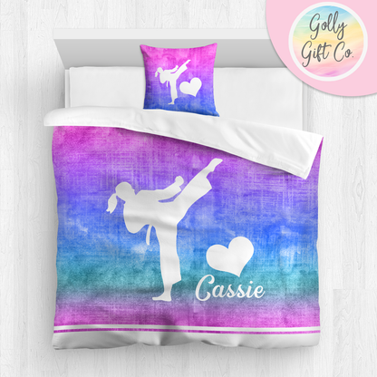 Personalized Girl's Martial Arts / Karate Bedding / Customized Martial Arts Duvet or Comforter Throw Pillow Sham / Purple Gradient / Bed Set