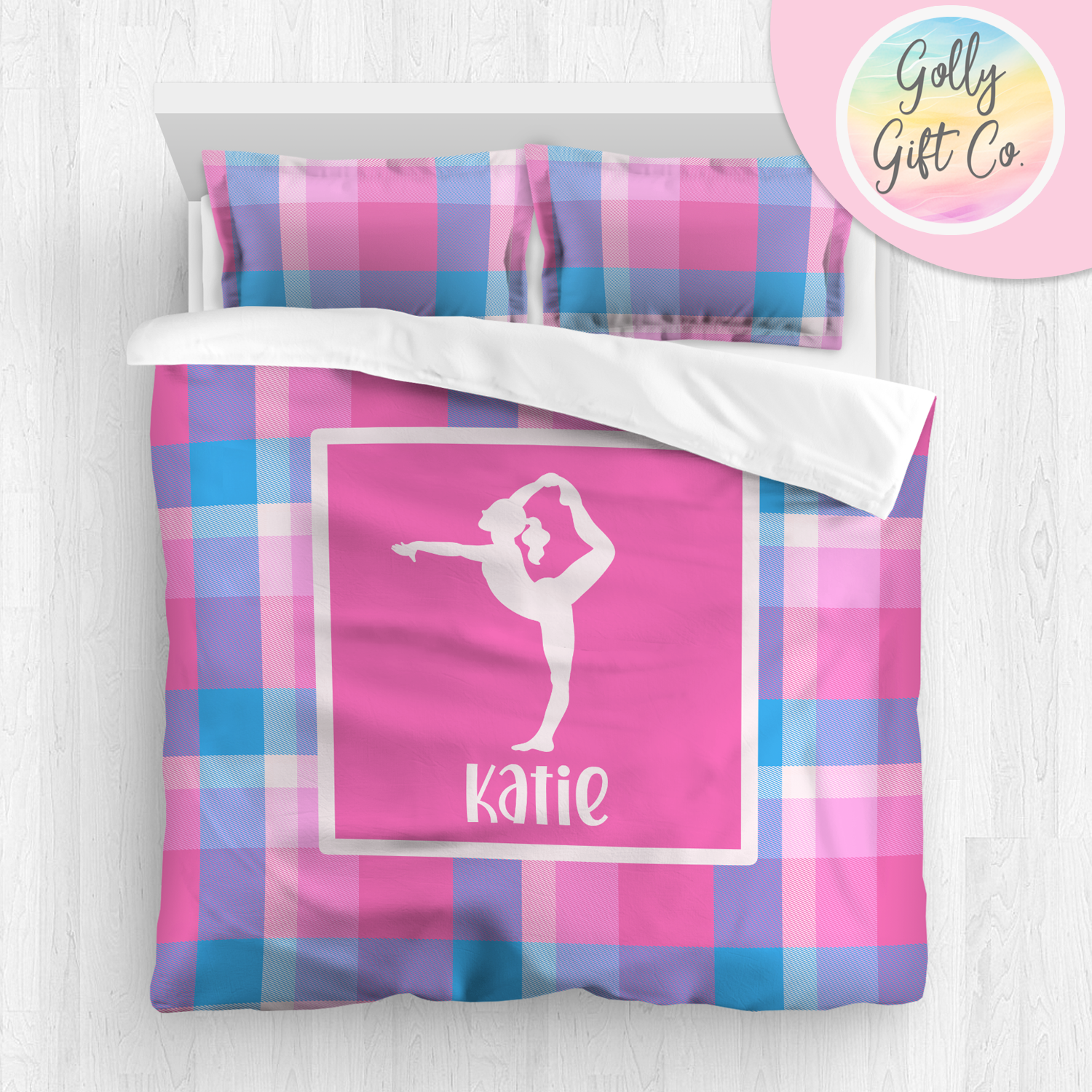 Personalized Girl's Gymnastics Bedding / Gymnastics Duvet / Gymnastics Comforter / Pink Passion Plaid / Customized Gymnastics Bed Set - Golly Gift Co