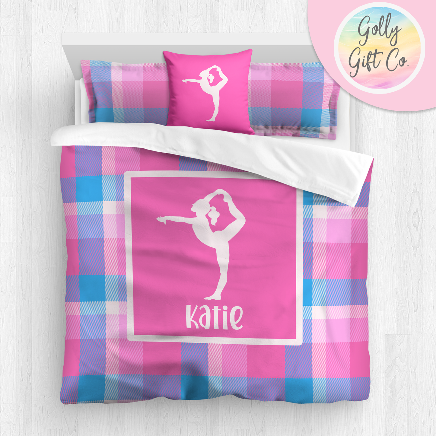 Personalized Girl's Gymnastics Bedding / Gymnastics Duvet / Gymnastics Comforter / Pink Passion Plaid / Customized Gymnastics Bed Set - Golly Gift Co