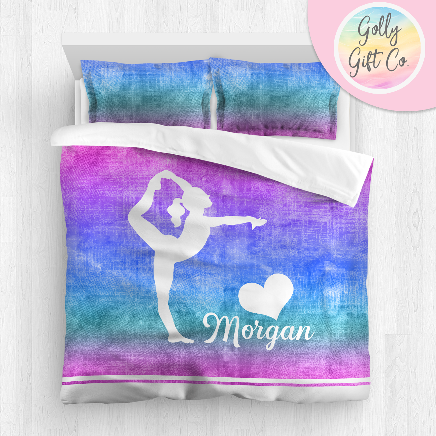 Personalized Girl's Gymnastics Bedding / Gymnastics Duvet / Gymnastics Comforter / Purple Gradient / Customized Gymnastics Bed Set / Pillow - Golly Gift Co