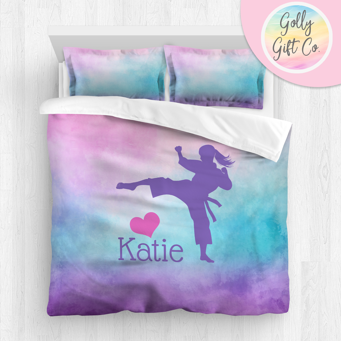 Personalized Girl's Martial Arts / Karate Bedding / Customized Martial Arts Duvet or Comforter Throw Pillow Sham / On a Cloud / Bed Set - Golly Gift Co