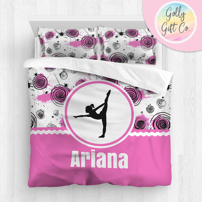 Personalized Girl's Gymnastics Bedding - Duvet or Comforter -Inky Circles- Matching Shams and/or Pillow Optional - Golly Gift Co