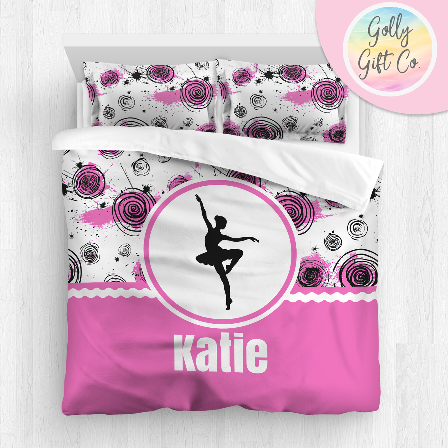 Personalized Girl's Dance Bedding - Duvet or Comforter -Inky Circles- Monogrammed Dancer Bed Set for Girls Who Dance - Custom Bedding - Golly Gift Co