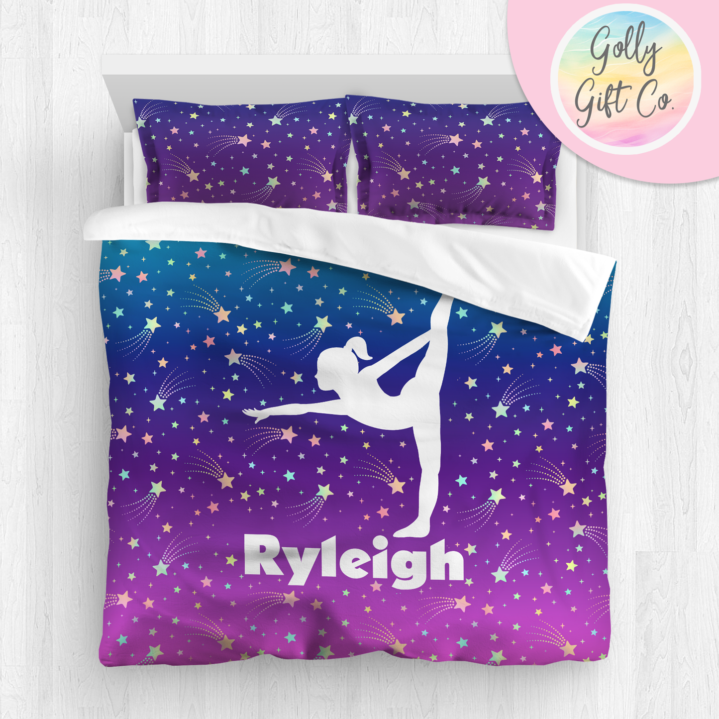 Personalized Girl's Gymnastics Bedding / Gymnastics Bed Set / Among the Stars Gymnastics Duvet or Comforter Throw Pillow Sham / Customized - Golly Gift Co