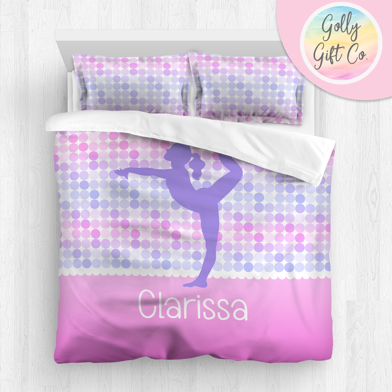 Personalized Girl's Gymnastics Bedding / Gymnastics Duvet / Gymnastics Comforter / Happy Polka-Dots / Customized Gymnastics Bed Set / Pillow - Golly Gift Co