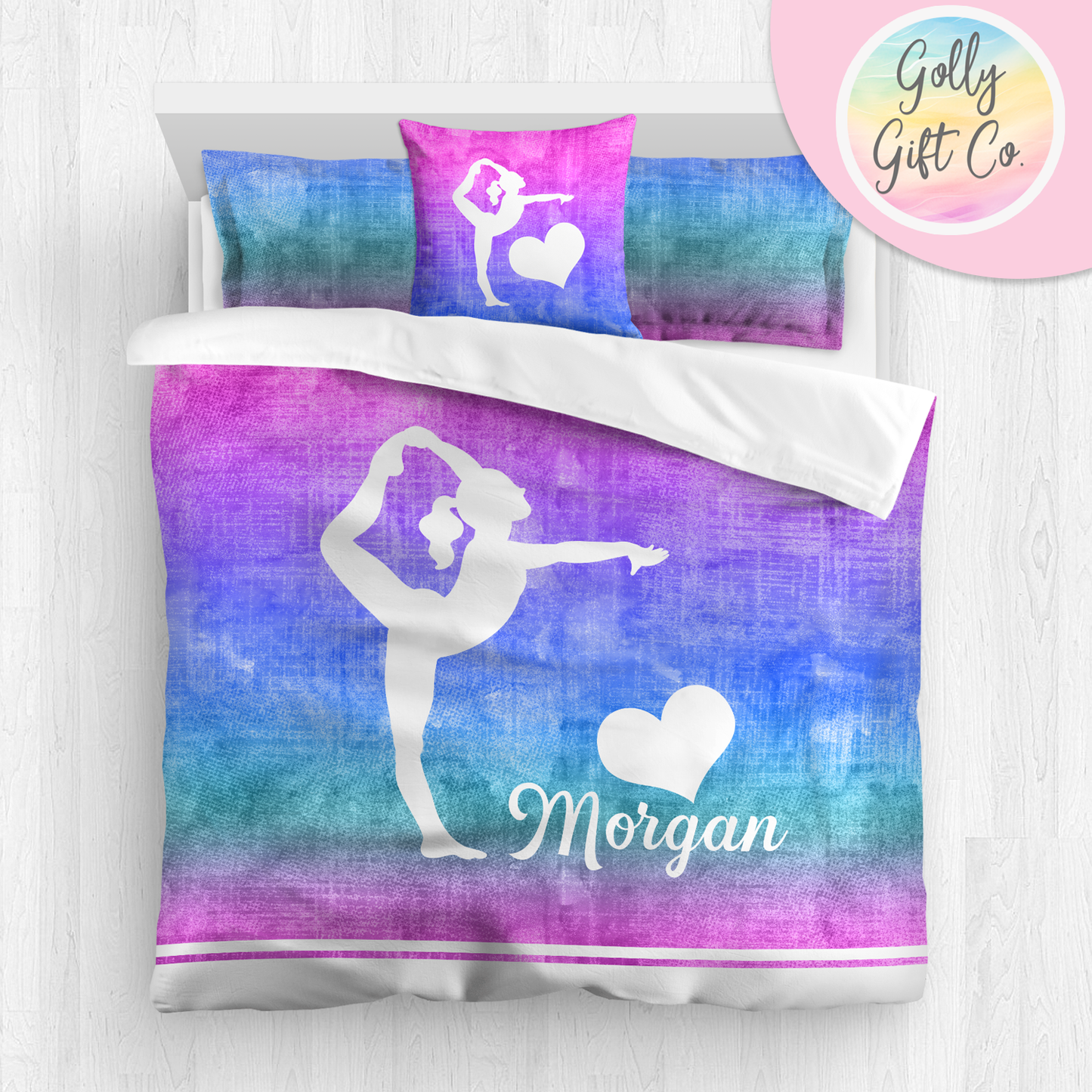 Personalized Girl's Gymnastics Bedding / Gymnastics Duvet / Gymnastics Comforter / Purple Gradient / Customized Gymnastics Bed Set / Pillow - Golly Gift Co