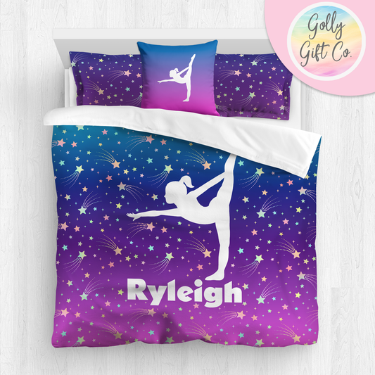 Personalized Girl's Gymnastics Bedding / Gymnastics Bed Set / Among the Stars Gymnastics Duvet or Comforter Throw Pillow Sham / Customized - Golly Gift Co