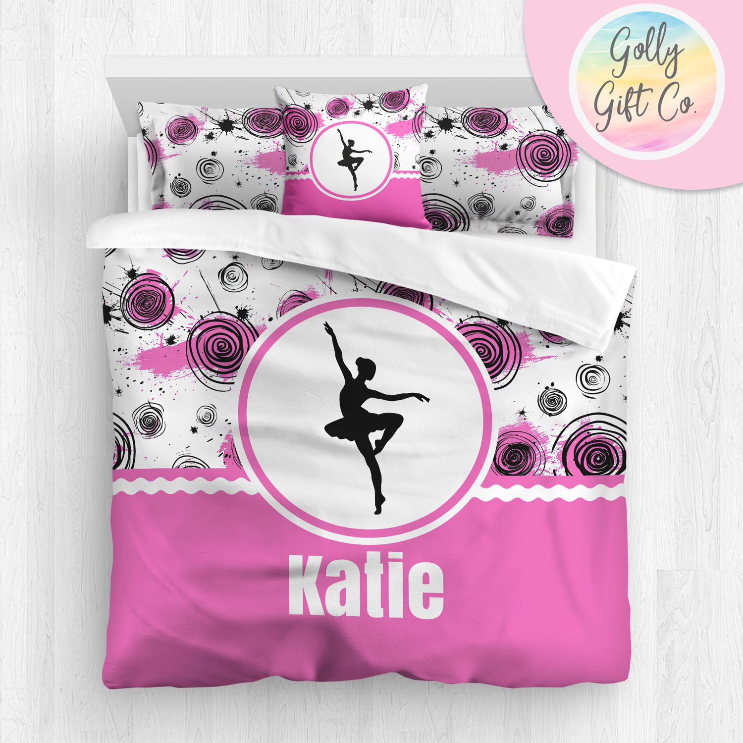 Personalized Girl's Dance Bedding - Duvet or Comforter -Inky Circles- Monogrammed Dancer Bed Set for Girls Who Dance - Custom Bedding - Golly Gift Co