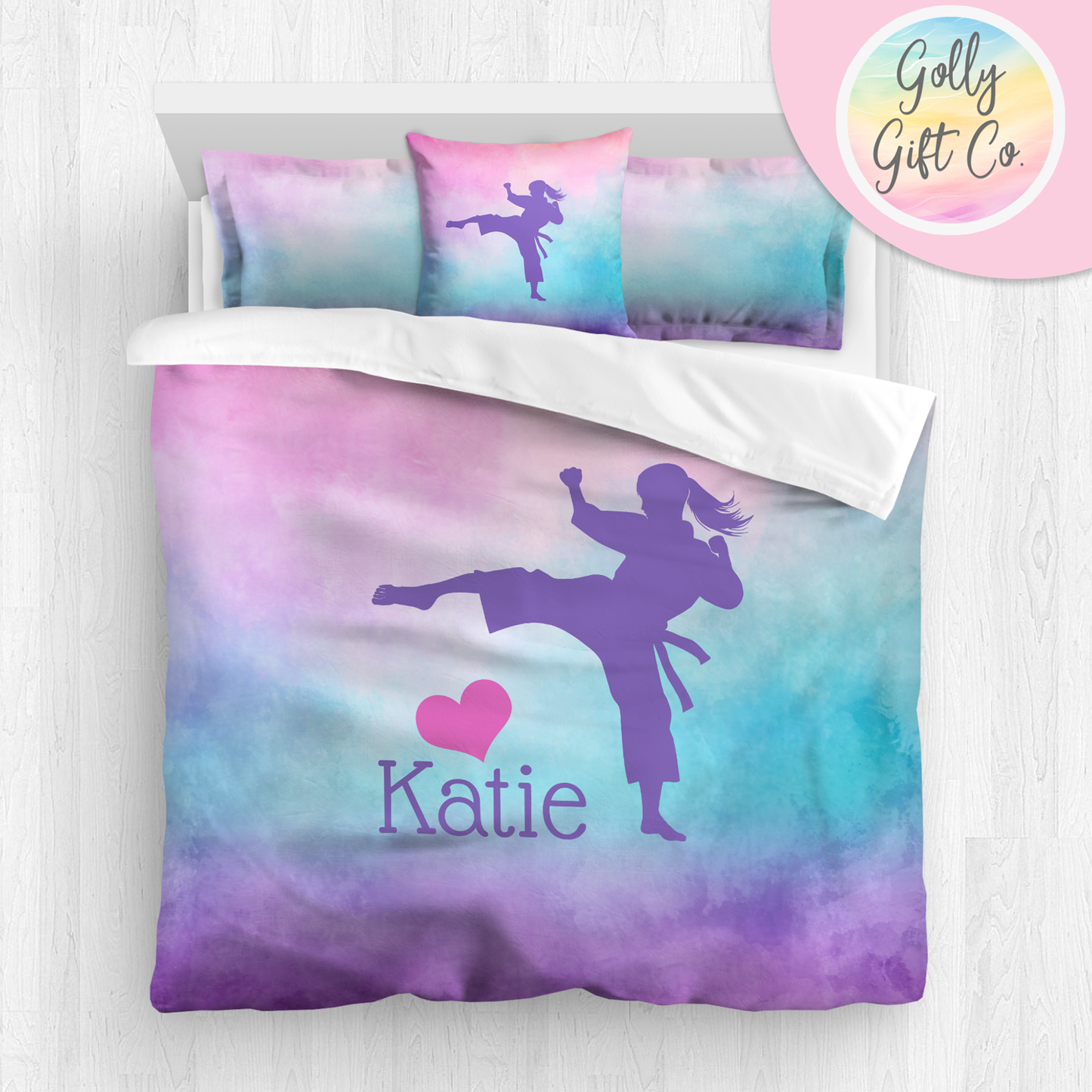 Personalized Girl's Martial Arts / Karate Bedding / Customized Martial Arts Duvet or Comforter Throw Pillow Sham / On a Cloud / Bed Set - Golly Gift Co