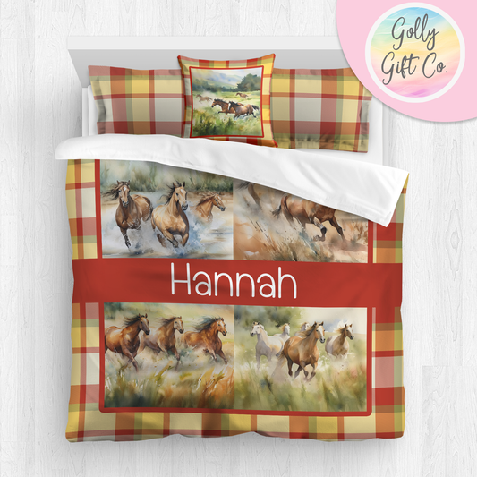 Personalized Girl's Wild Horses Bedding / Country and Western Duvet / Cowgirl Comforter / Country Girl / Customized Horses Bed Set / Pillow - Golly Gift Co