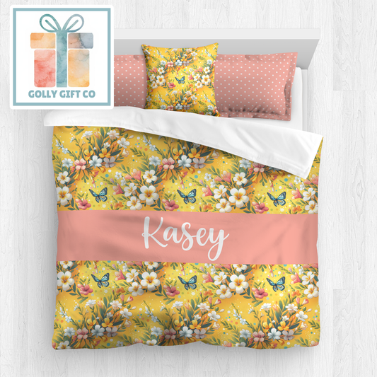 Butterfly Garden Yellow Floral Personalized Comforter or Duvet Cover Set in Full/Queen, Twin, and Twin XL