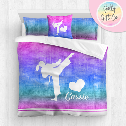 Personalized Girl's Martial Arts / Karate Bedding / Customized Martial Arts Duvet or Comforter Throw Pillow Sham / Purple Gradient / Bed Set