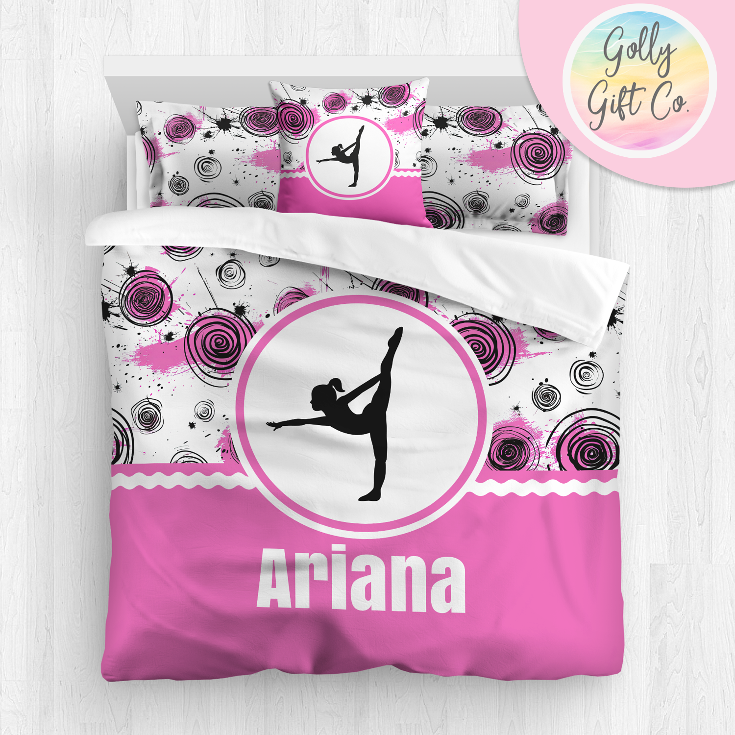 Personalized Girl's Gymnastics Bedding - Duvet or Comforter -Inky Circles- Matching Shams and/or Pillow Optional - Golly Gift Co