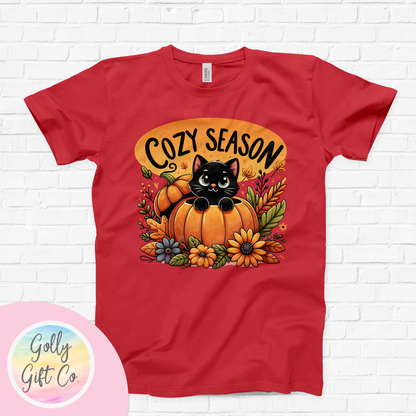 Fall/Thanksgiving It's Cozy Season - Black Cat in a Pumpkin T-Shirt (Bella Canvas) - Golly Gift Co