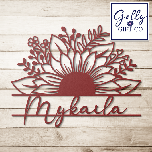 Personalized Monogrammed Die-Cut Steel Sign with Sunflower and Name - Family Name Indoor or Outdoor Metal Sign