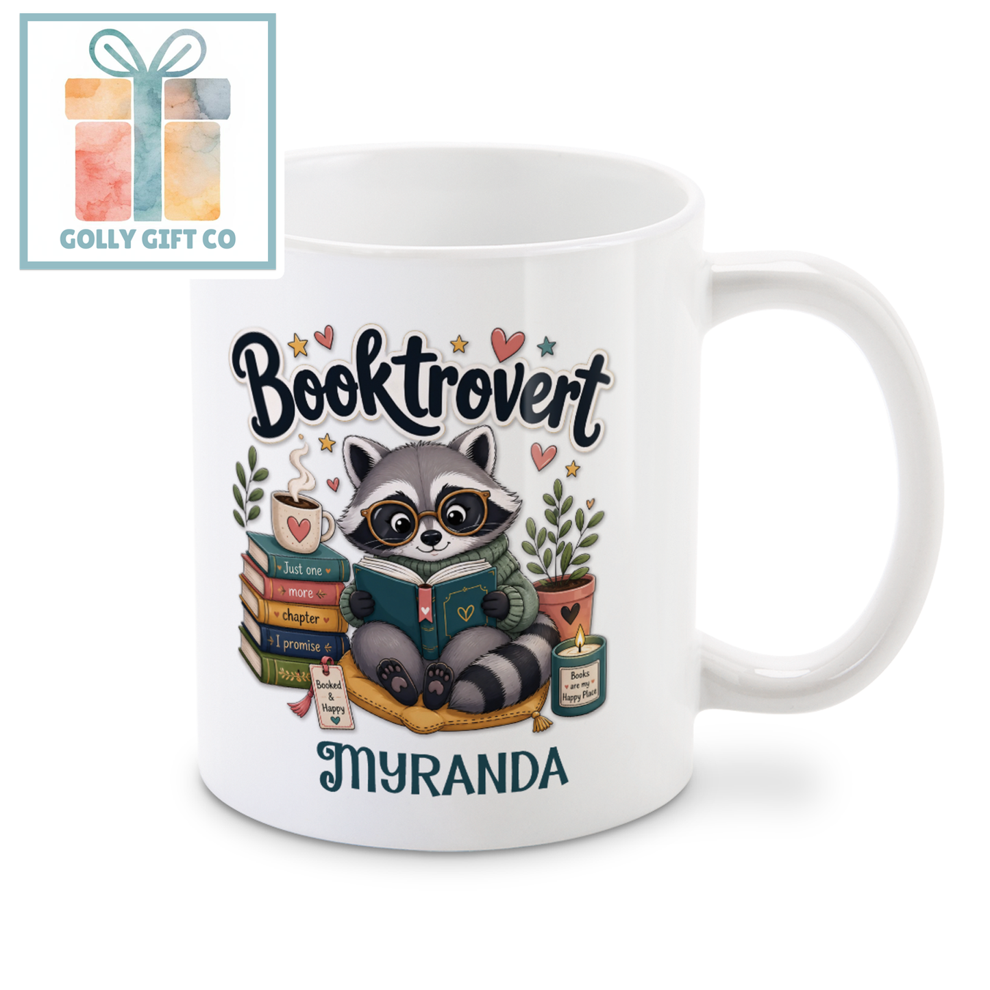Personalized Booktrovert Mug | Custom Name Book Lover Gift | Raccoon Reading Coffee Cup | Gift for Readers - Golly Gift Co
