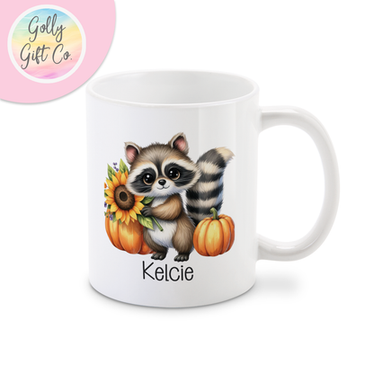 Personalized Racoon Thanksgiving / Fall Coffee Mug or Tea Mug - Cute Racoon with Pumpkins and a Sunflower