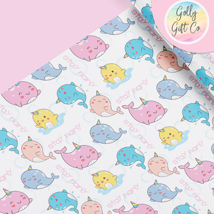 Stay Narly Adorable Narwhal Themed Wrapping Paper - Narwhal Gift Wrap For Birthday or Other Occasions - Golly Gift Co