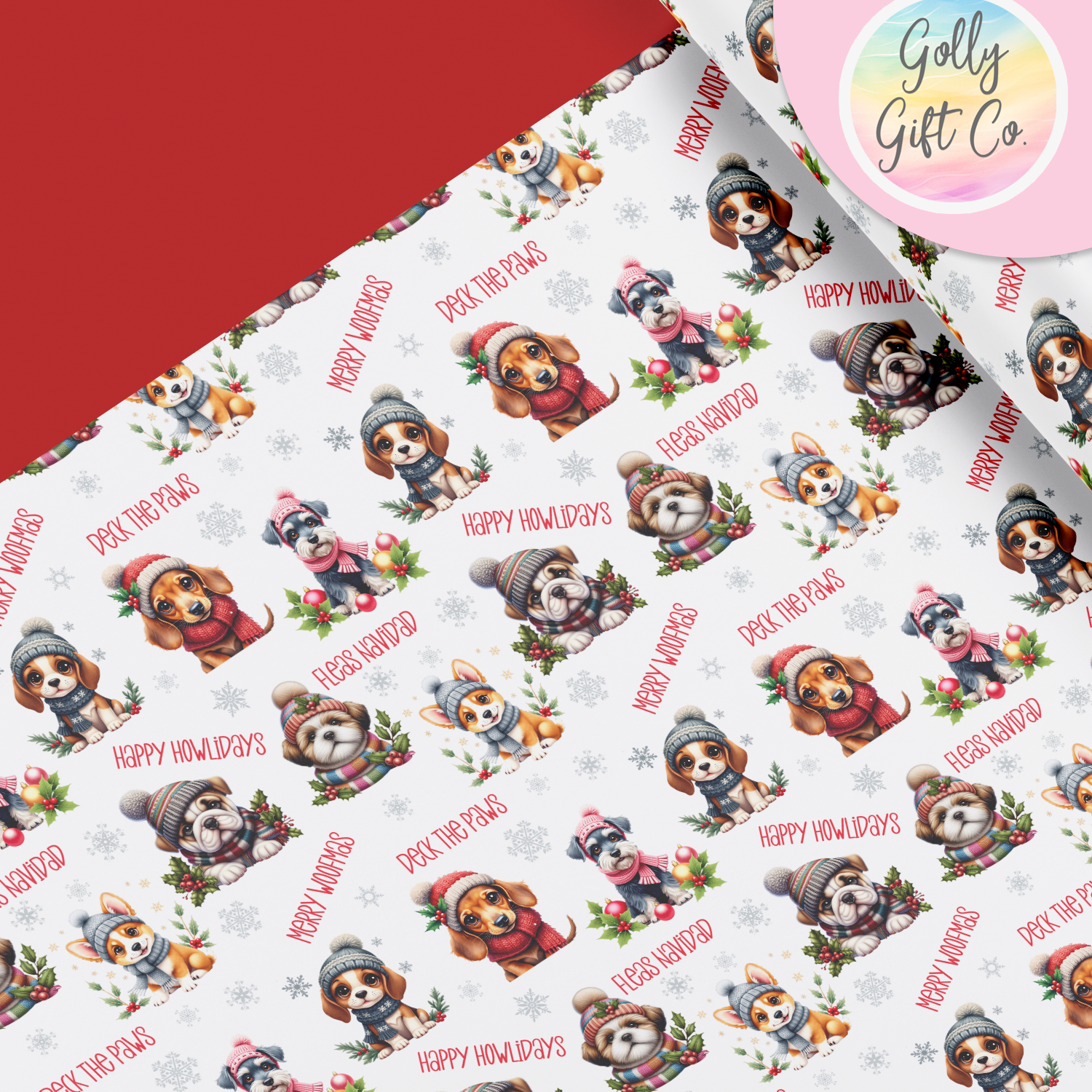 Adorable Christmas Dogs Wrapping Paper - Gift Wrap Dogs with Winter Hats - Merry Woofmas Christmas Wrapping Paper - Golly Gift Co