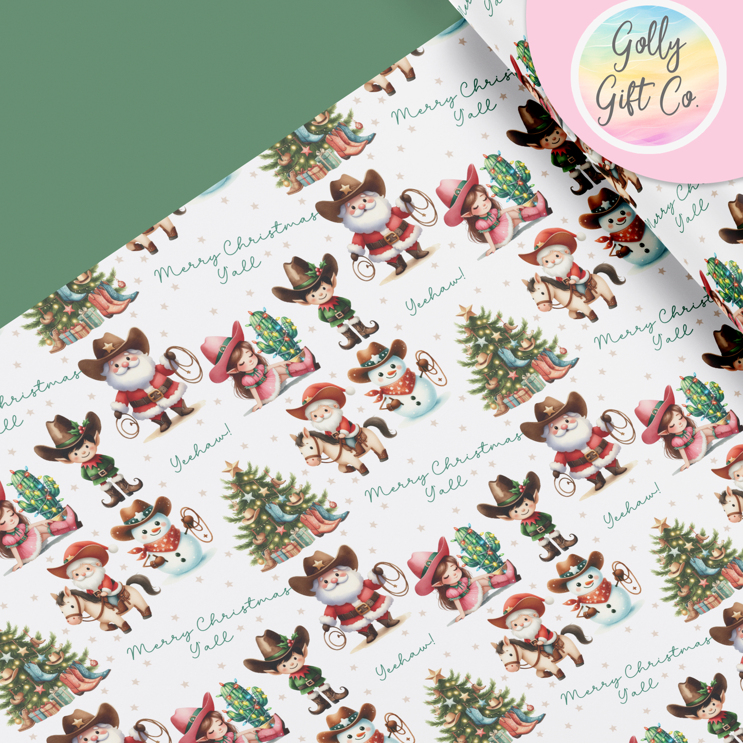 Cowboy Christmas Merry Christmas Y'all and Yeehaw Cowboy Santa Country and Western Christmas Wrapping Paper - Golly Gift Co