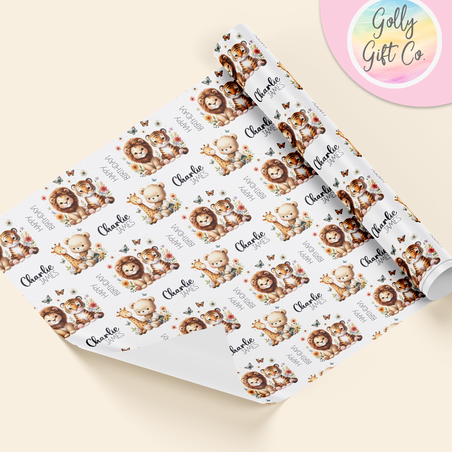 Personalized Special Occasion Wrapping Paper - Birthday - Baby Shower - Little Boy or Little Girl - Baby Animals and Teddy Bear Gift Wrap - Golly Gift Co