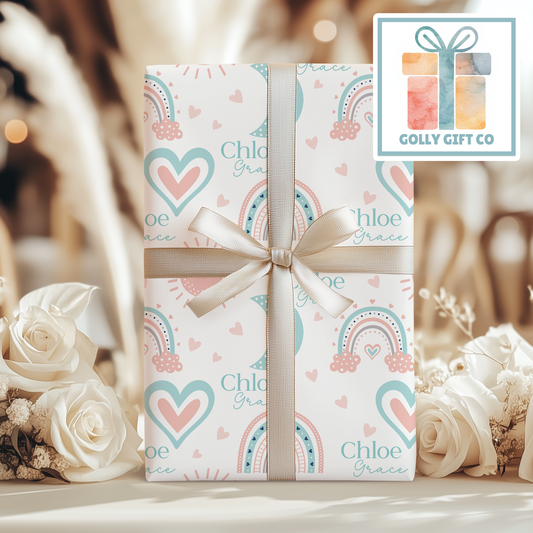 Personalized Rainbow Baby Wrapping Paper - Your Name Baby Birthday or Baby Shower Gift Wrap - Baby's Name and Rainbows Gift Wrap - Pink - Golly Gift Co