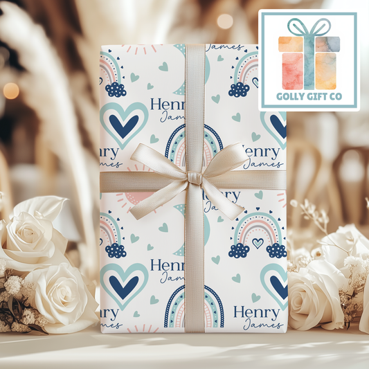 Personalized Rainbow Baby Wrapping Paper - Your Name Baby Birthday or Baby Shower Gift Wrap - Baby's Name and Rainbows Gift Wrap - Blue - Golly Gift Co